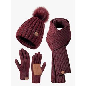 Womens Burgundy Winter Hat Scarf & Gloves Set With Pom Pom Winter Warm Stylish